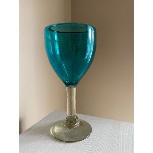 Heavy Aqua Luster Blue Glass Goblet Cup with Clear Luster Stem and Base Hand Blo